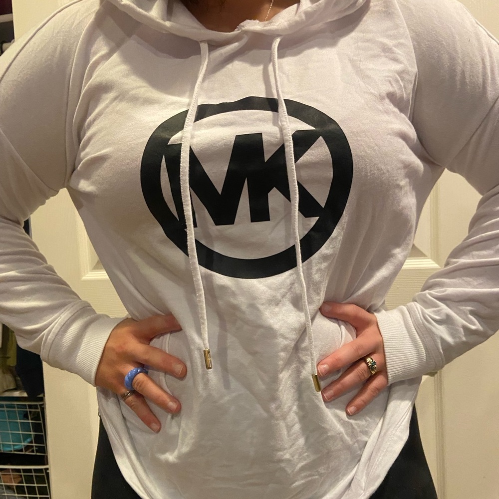 White MK Hoodie with gold accent strings! Women's size Medium